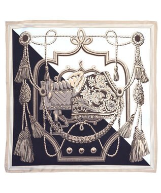 Marca ＜春の新作！＞【伝統横濱スカーフ】ビッグタッセル&鞍（FET-056） 小判 シルクツイル スカーフ ベージュxブラック