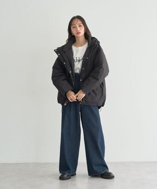 earth music&ecology フーデットパファーコート Black