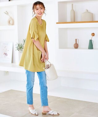 Tiaclasse 【洗える】フレアカフスポンチチュニックブラウス イエロー