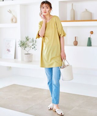 Tiaclasse 【洗える】フレアカフスポンチチュニックブラウス イエロー