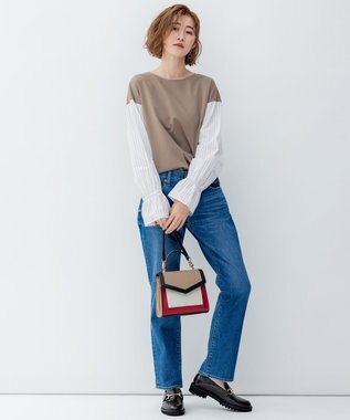 23区 L 【洗える】コンビネーション キャンディースリーブ カットソー ブラウン×ベージュストライプ