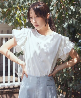 earth music&ecology 【接触冷感/洗濯機可】ギャザーフリルスリーブカットソー Ivory