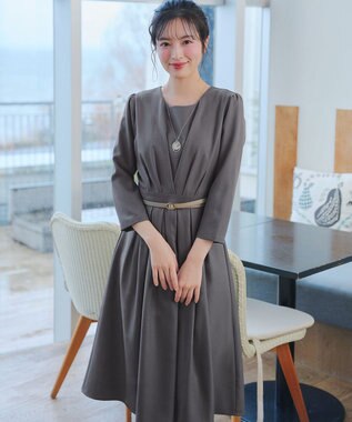 Tiaclasse 【おのののかさん着用】半袖&長袖選べる袖丈・タックフレアワンピース 長袖チャコールグレー