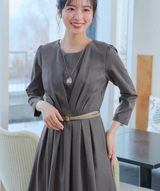 Tiaclasse 【おのののかさん着用】半袖&長袖選べる袖丈・タックフレアワンピース 長袖チャコールグレー