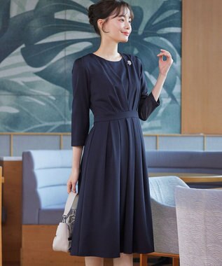 Tiaclasse 【おのののかさん着用】半袖&長袖選べる袖丈・タックフレアワンピース 長袖ネイビー