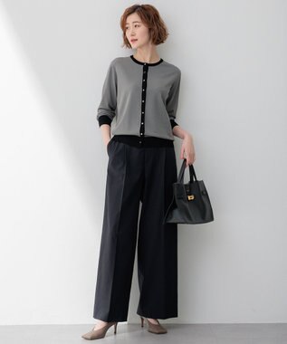 23区 【セットアップ対応/洗える】コットンリネン オックスストレッチ ワイド パンツ ブラック系