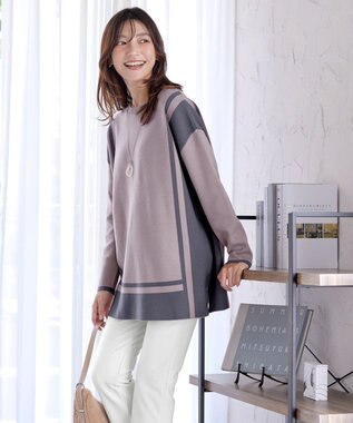 Tiaclasse 【新色追加・洗える】配色ニットチュニック グレージュ×チャコールグレー