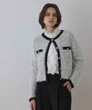 ノーカラーフェザーニットカーディガン