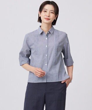 J.PRESS LADIES 【洗える】リネンminiチェック フロントピンタック シャツ ネイビー系