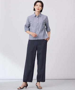 J.PRESS LADIES 【洗える】リネンminiチェック フロントピンタック シャツ ネイビー系