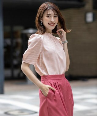 ANY SIS S 【洗える】フリルネックスタンド ブラウス ピンクストライプ