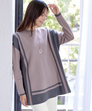 Tiaclasse 【新色追加・洗える】配色ニットチュニック グレージュ×チャコールグレー