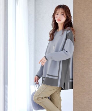 Tiaclasse 【新色追加・洗える】配色ニットチュニック サックス×チャコールグレー