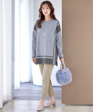 Tiaclasse 【新色追加・洗える】配色ニットチュニック サックス×チャコールグレー