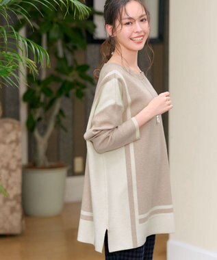 Tiaclasse 【新色追加・洗える】配色ニットチュニック ベージュ×アイボリー