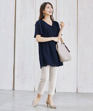Tiaclasse L 【洗える】フレアスリーブチュニックブラウス ネイビー