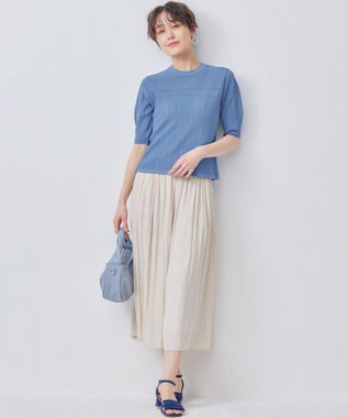 組曲 【WEB限定】編地切り替え 半袖ニット ブルー系
