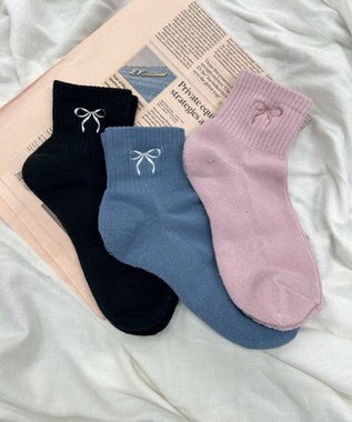 WEGO リボン刺繍アンクルパイルソックス サックス