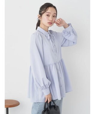 earth music&ecology リボン付き切り替えギャザーシャツチュニック Light Blue