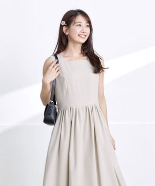 Tiaclasse 【洗える】麻調スクエアネックワンピース グレージュ
