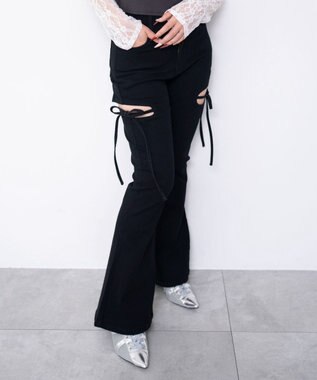 WEGO 【SMサイズ展開/伸びる】カットアウトリボンストレッチフレアデニムパンツ デニムブラック