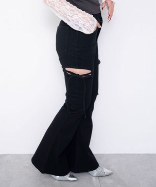 WEGO 【SMサイズ展開/伸びる】カットアウトリボンストレッチフレアデニムパンツ デニムブラック