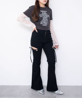 WEGO 【SMサイズ展開/伸びる】カットアウトリボンストレッチフレアデニムパンツ デニムブラック