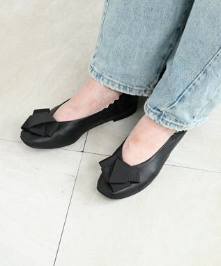 nouvelleRobe Oū サイズ追加【本革・高反発】Big Ribbon スクエアトゥ パンプス ブラック系