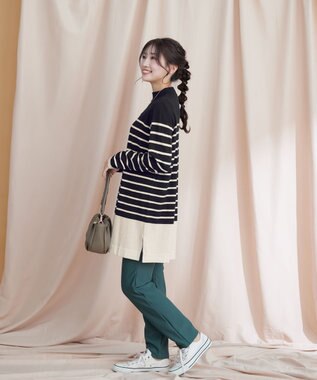 Tiaclasse 【洗える】ボーダーニットチュニック ブラック×オフホワイト