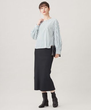 自由区 【洗える】SOMELOSクロップド丈 ブラウス ボトルグリーンストライプ