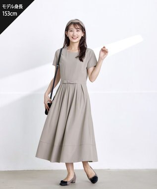 Tiaclasse 【洗える】半袖リボンギャザーフレアワンピース グレージュ