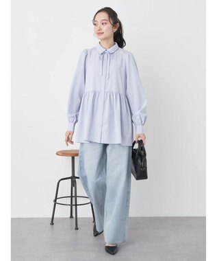 earth music&ecology リボン付き切り替えギャザーシャツチュニック Light Blue