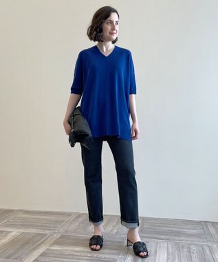 自由区 【新型登場！/WEB限定カラー有】ハイツイストコットンアセテート ニット5分袖 ダルブルー系