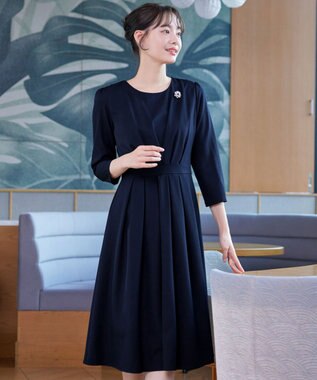 Tiaclasse L 【ダブルクロス・洗える】 ナローVネックワンピース ネイビー