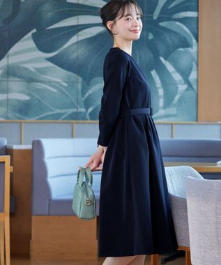 Tiaclasse L 【ダブルクロス・洗える】 ナローVネックワンピース ネイビー