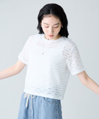 ANY L レースショート丈Tシャツ オフレース