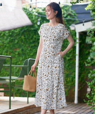 Tiaclasse L 【洗える】リーフフラワー柄ワンピース オフホワイト