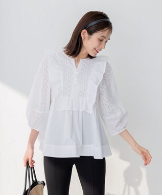 組曲 S 【WEB限定色あり】レースコンビシャーティング ブラウス アイボリー系