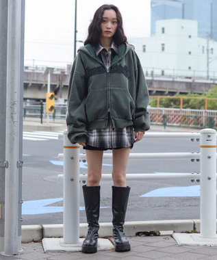 WEGO 【ユニセックス着用ITEM/MLサイズ展開】ショートグラフィックZIPパーカー ダークグリーン