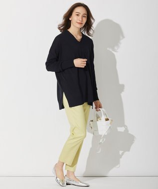 自由区 【WEB限定カラー有/洗える】コットンアセテート チュニック丈ニット ネイビー系