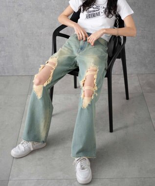 WEGO ヴィンテージウォッシュダメージデニムパンツ デニム淡加工色