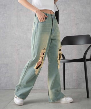 WEGO ヴィンテージウォッシュダメージデニムパンツ デニム淡加工色