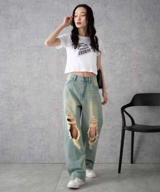 WEGO ヴィンテージウォッシュダメージデニムパンツ デニム淡加工色