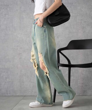 WEGO ヴィンテージウォッシュダメージデニムパンツ デニム淡加工色