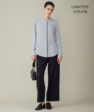 ICB 【WEB限定カラーあり・速乾・洗える】BackSatinAmunzen バンドカラーブラウス フォグブルー系［WEB限定］