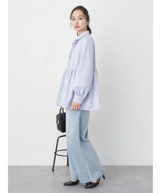 earth music&ecology リボン付き切り替えギャザーシャツチュニック Light Blue