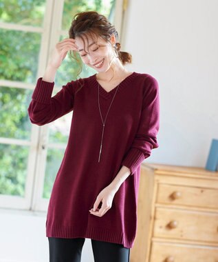 Tiaclasse L 【洗える】幅広く活躍が期待できるVネックリブニットチュニック ボルドー