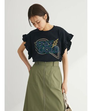 Green Parks ・ＤｏｕｂｌｅＦｌａｇｓ　フリルショルダープリントＴＥＥ Black