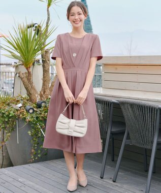 Tiaclasse L 【2TYPEスリーブ/半袖・ノースリーブ・洗える】タックフレアワンピース 半袖：ピンク