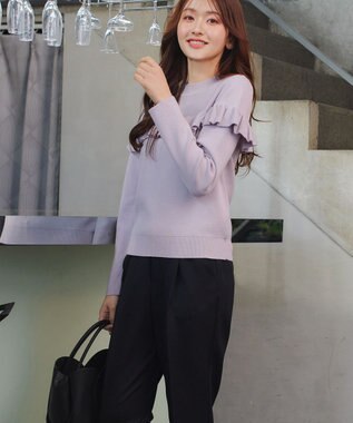 Tiaclasse L モックネックフリルニットトップス ラベンダー
